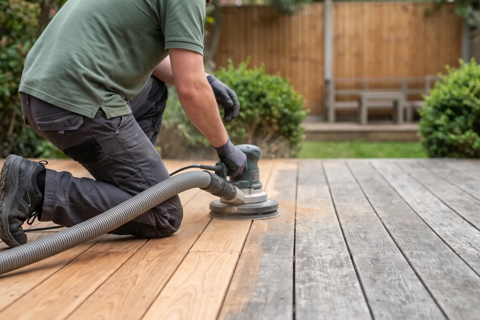 Outdoor timber decking being professionally sanded
