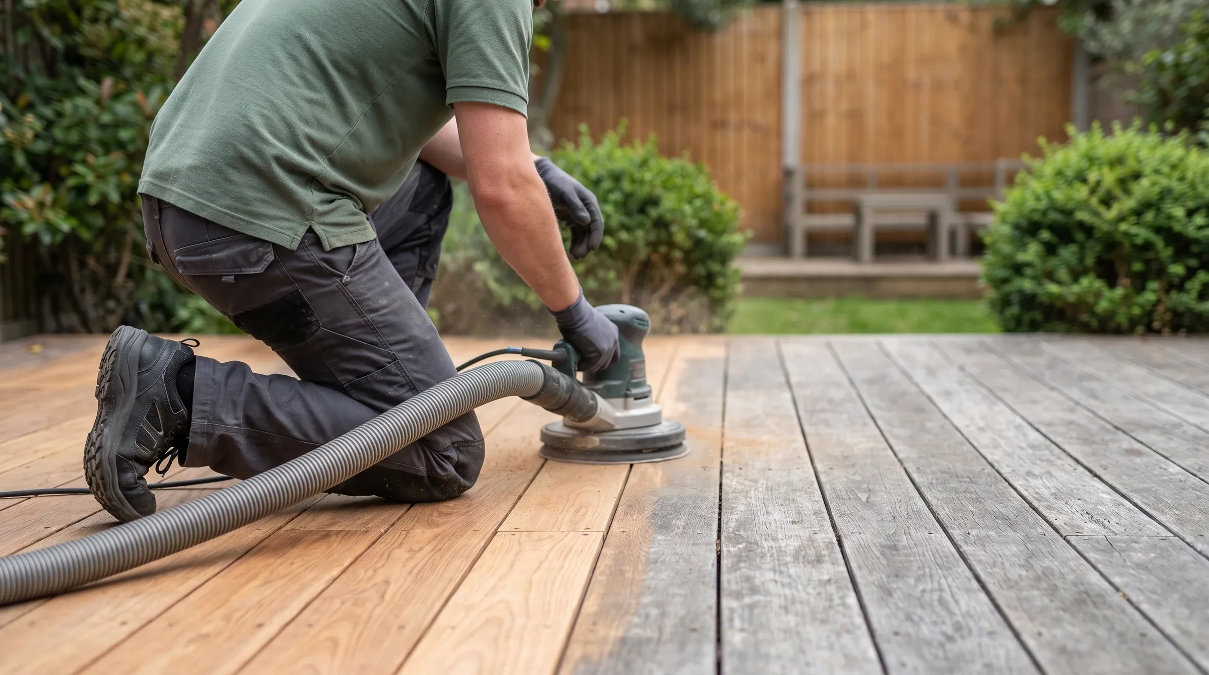 Outdoor timber decking being professionally sanded