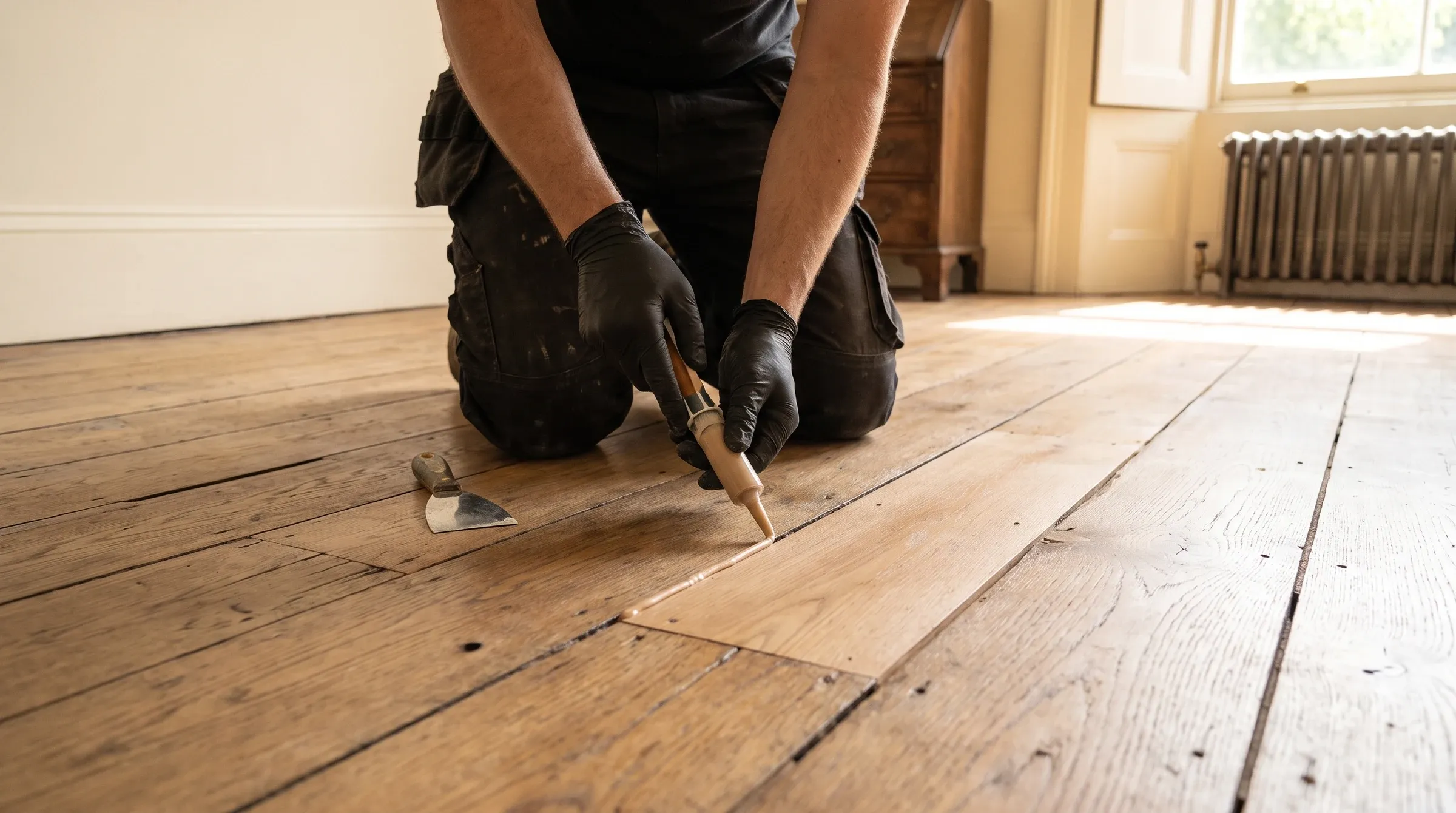 Gap filling between original wooden floorboards in London