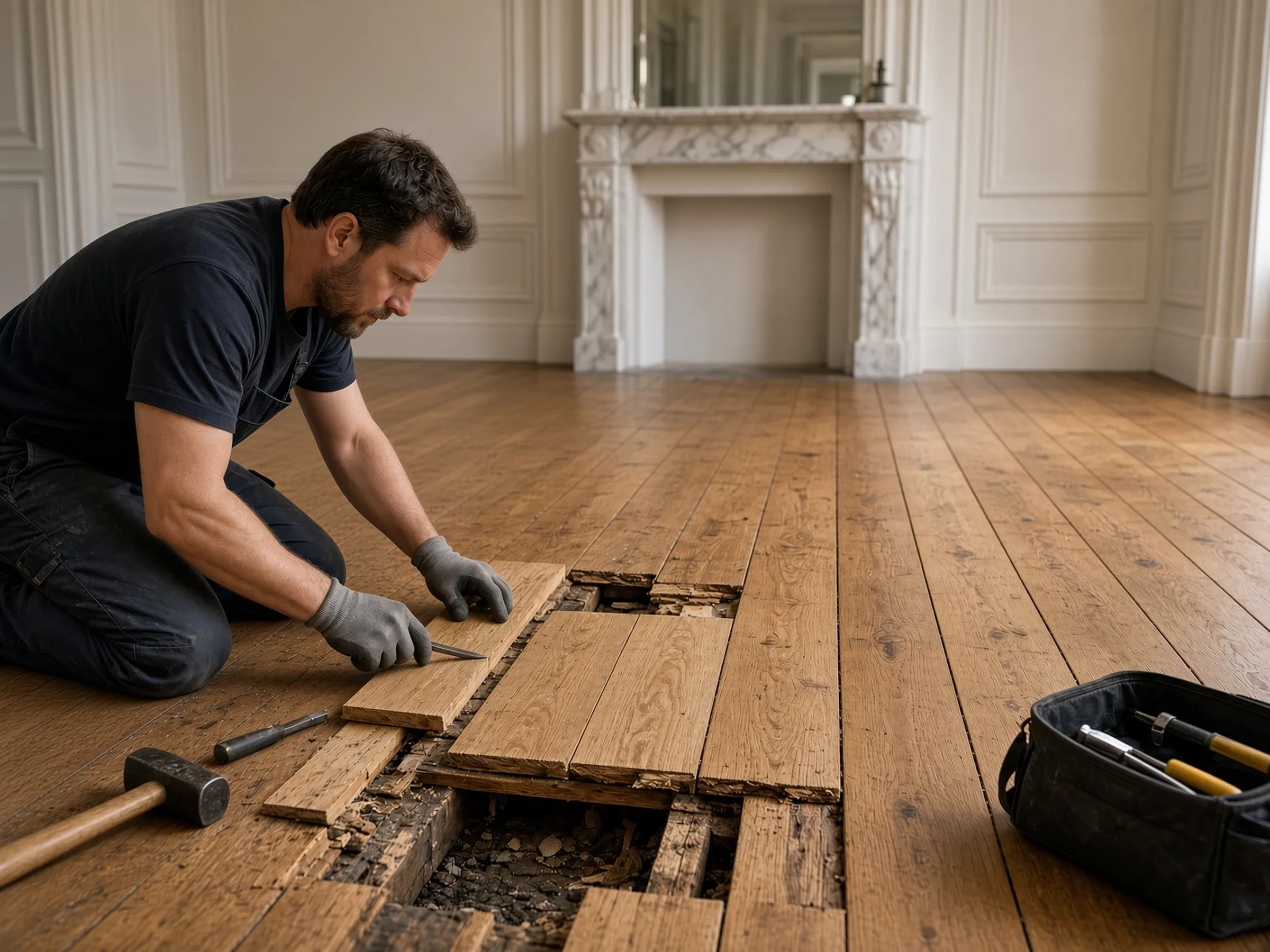 Craftsman repairing a wooden floor in London