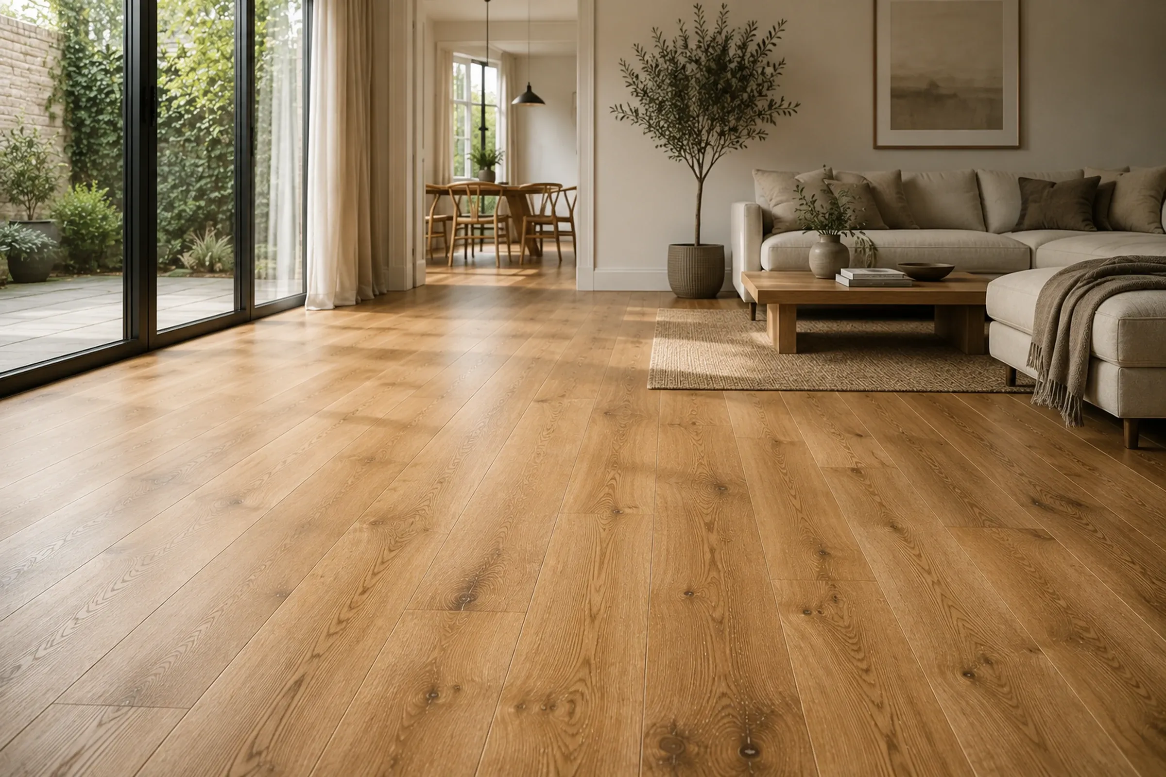 Warm modern interior with a beautifully finished natural wood floor and visible timber grain