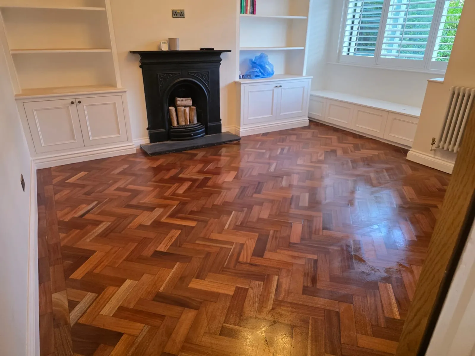 Close-up of a restored parquet floor finish