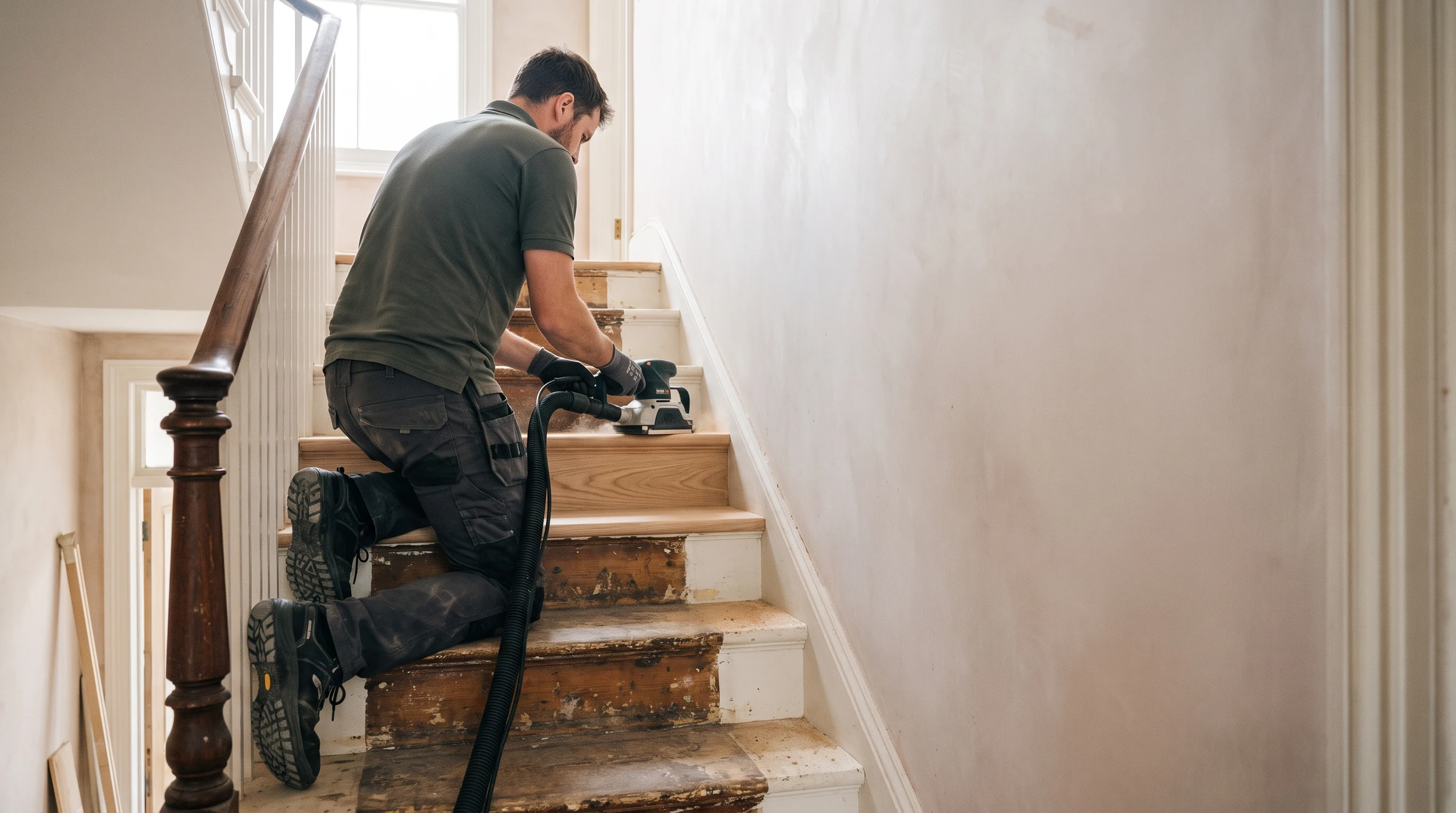 Stair sanding and restoration in progress