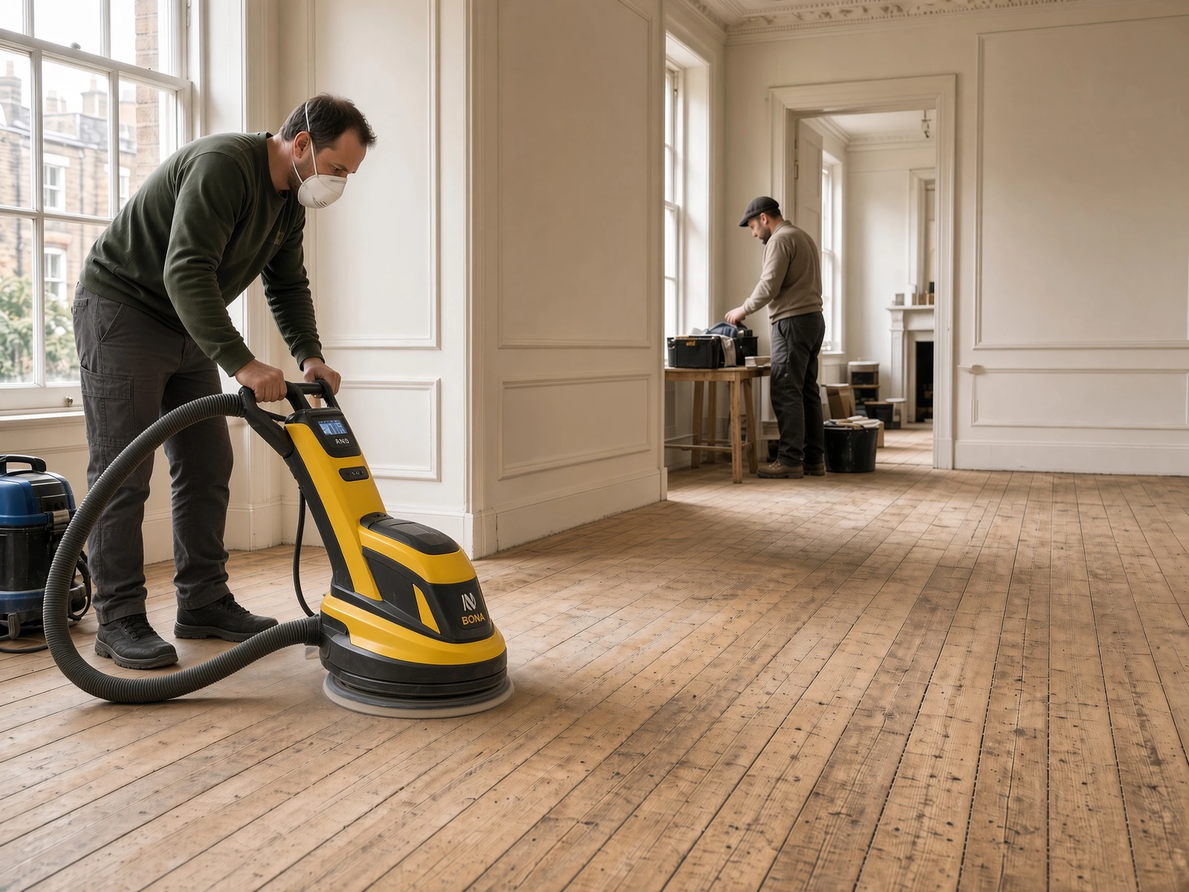 FF Flooring team working on a wooden floor